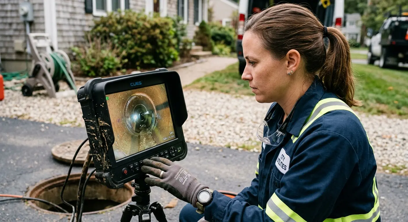 Technician reviewing sewer camera inspection footage in Dothan