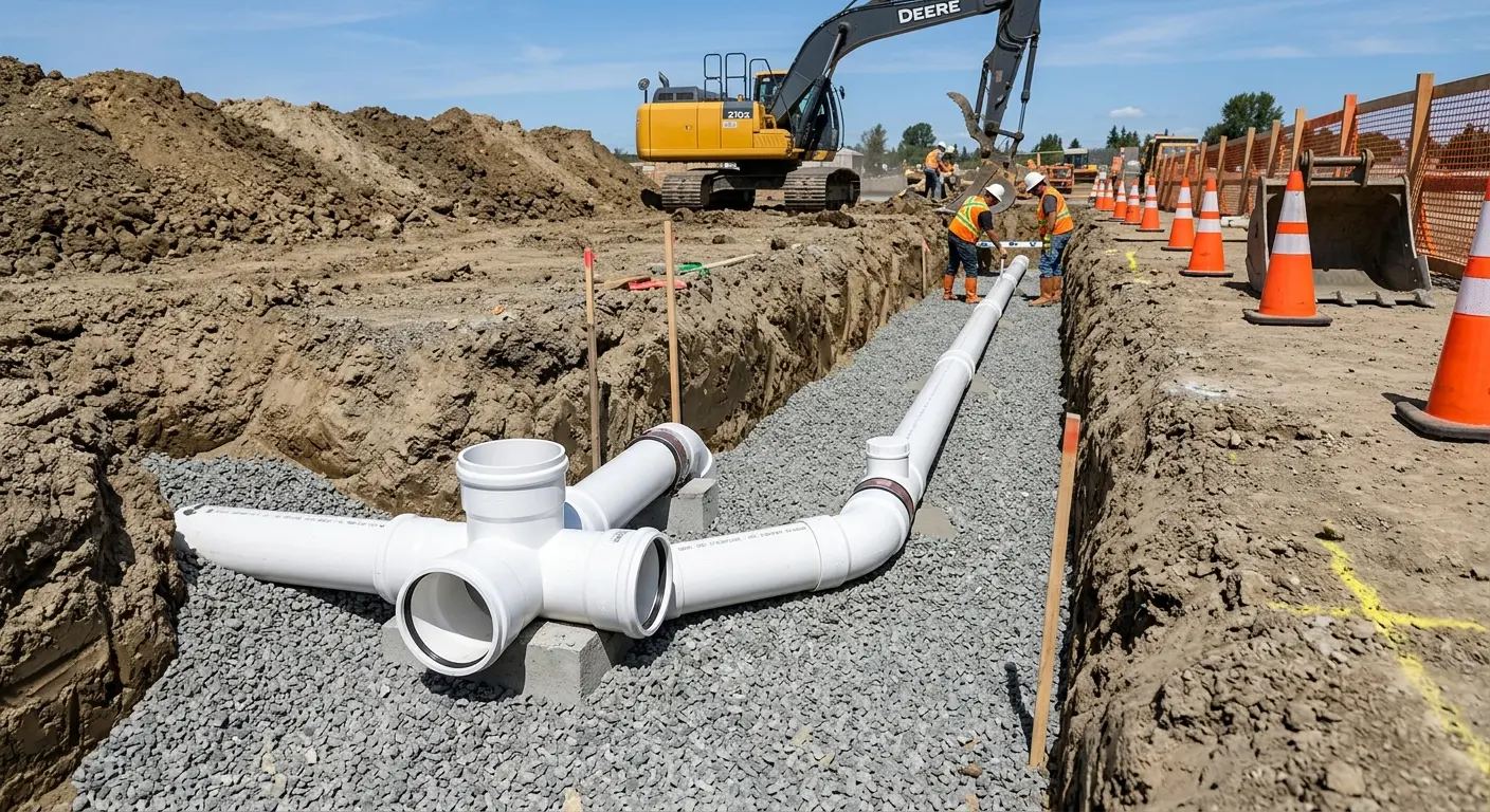 New PVC sewer pipe installation in open trench for Commercial Drain Cleaning in Dothan