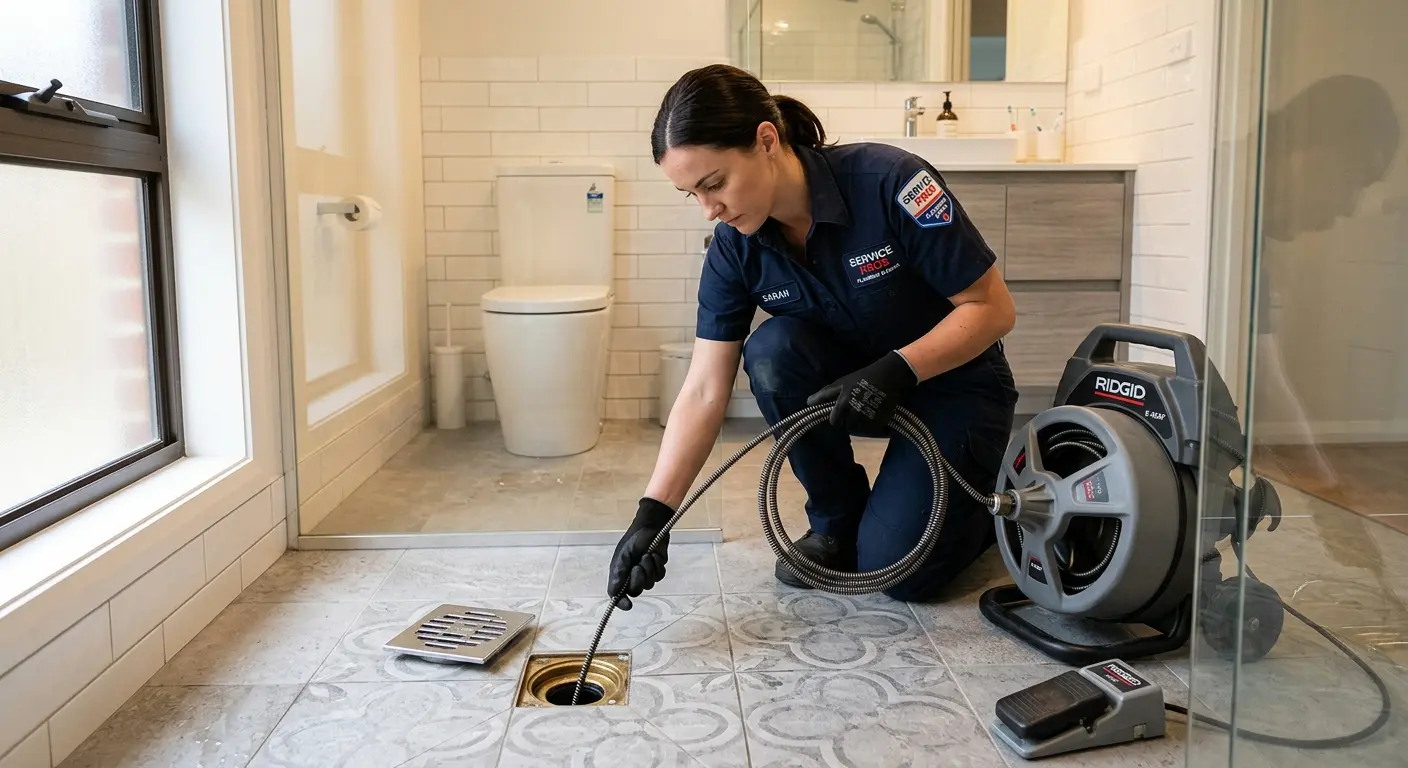 Technician clearing a bathroom floor drain for Hydro Jetting in Dothan